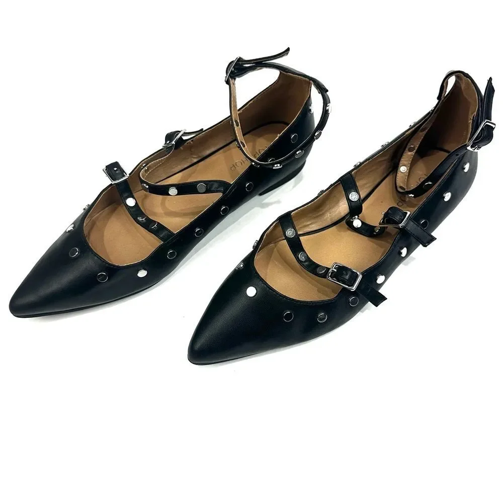 Topshop Women's Black Silver Studded Pointy Toe Strappy Flats Sz 5/38